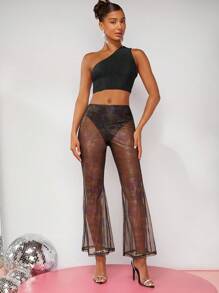 SHEIN BAE Sheer Mesh Flare Leg Pants Without Panty - White - View 5