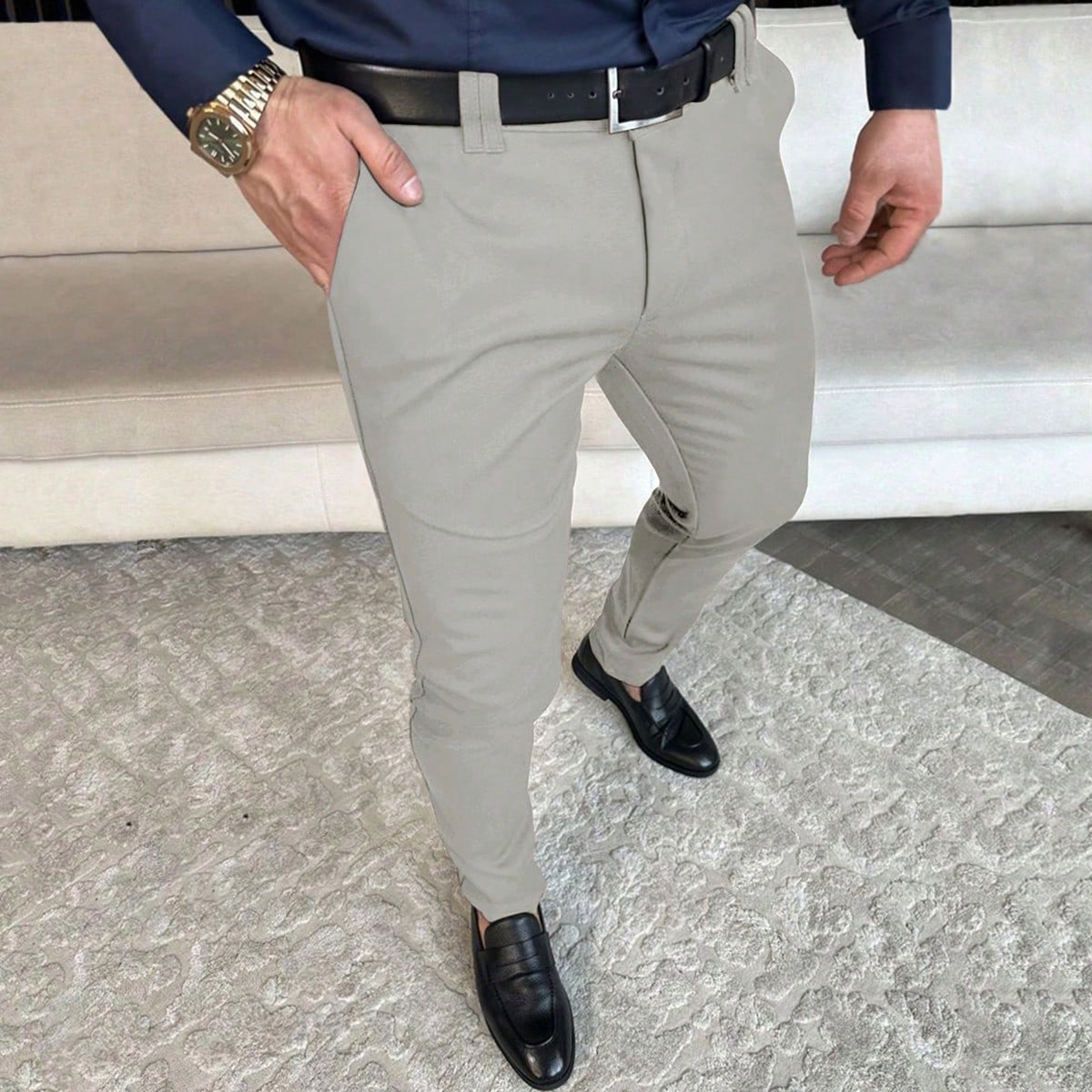 Pantalones formales para hombre sin cinturón con bolsillo en ángulo