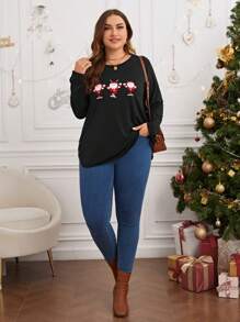 SHEIN LUNE Plus Christmas Print Tee - Black - View 4