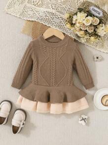 SHEIN Baby Girl Two Tone Ruffle Hem Sweater Dress - Khaki - View 1