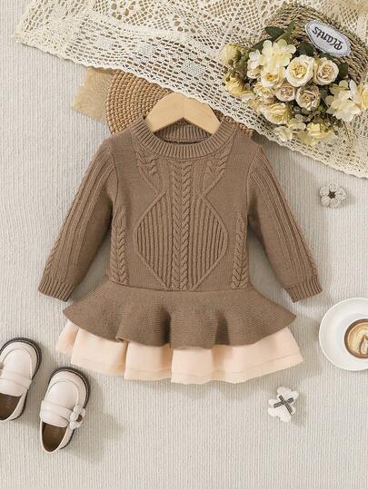 SHEIN 女嬰雙色荷葉邊毛衣洋裝