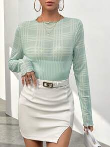 SHEIN Privé Plaid Print Lettuce Trim Tee - Green - View 1