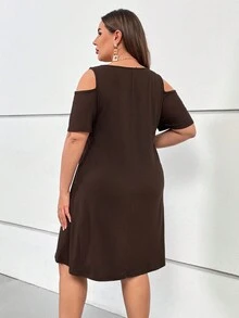 SHEIN LUNE 大碼挖肩T恤洋裝 - 棕色 - 查看 2