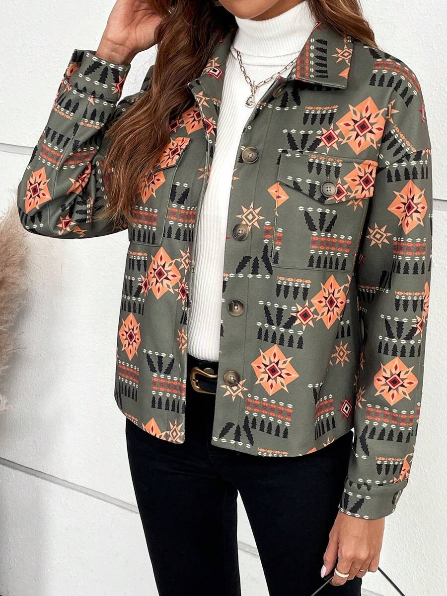 SHEIN LUNE Áo khoác có túi nắp trễ in hình Geo - Nhiều màu - Xem 1