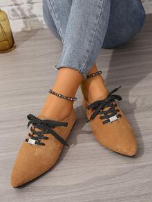 女式時尚流行大碼尖頭繫帶百搭舒適平底鞋棕色 - 棕色 - 查看 5