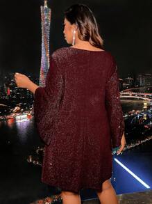 Plus Trumpet Sleeve Glitter Dress - Burgundy - View 2