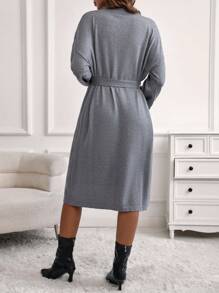 SHEIN Robe pull ceinturée épaules dégagées col roulé de maternité, pour l'hiver - Gris - Voir 2