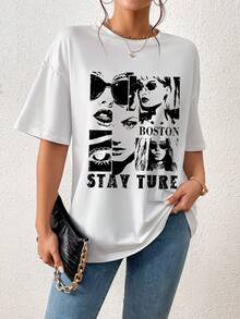 SHEIN Essnce Figure & Letter Graphic Drop Shoulder Tee - White - View 1