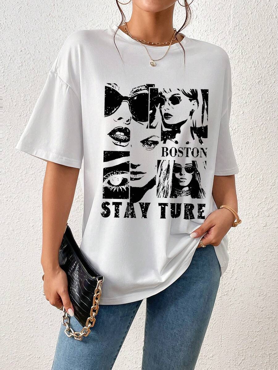 SHEIN Essnce Figure & Letter Graphic Drop Shoulder Tee - White - View 1