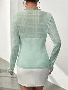 SHEIN Privé Plaid Print Lettuce Trim Tee - Green - View 2