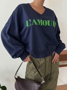 DAZY Letter Graphic Drop Shoulder Sweatshirt - Navy Blue - View 1