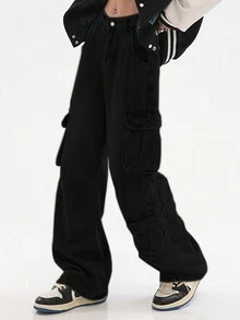 Flap Pocket Cargo Jeans - Black - View 3