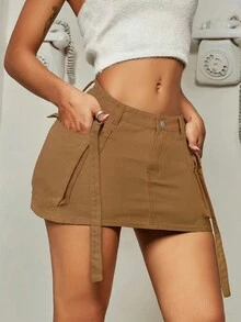Y2K 90er Jahre Khaki Klapptaschen Tape Detail Cargo Jeans Mini Rock Einfach Bequem - Khaki - Übersicht 3