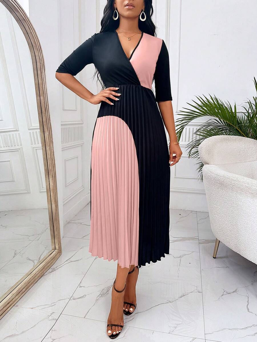 SHEIN Clasi Two Tone Pleated Hem Dress - Pink - View 1