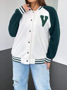 SHEIN EZwear Plus Letter Patched Striped Trim Raglan Sleeve Teddy Varsity Jacket - Multicolor - View 5