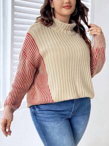 Celure Plus Striped Pattern Drop Shoulder Mock Neck Sweater - Multicolor - View 4