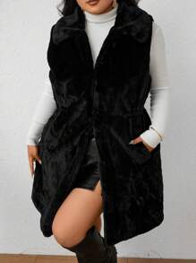 Celure Plus Size Women Solid Color Sleeveless Pocket Faux Fur Vest Jacket - Black - View 1