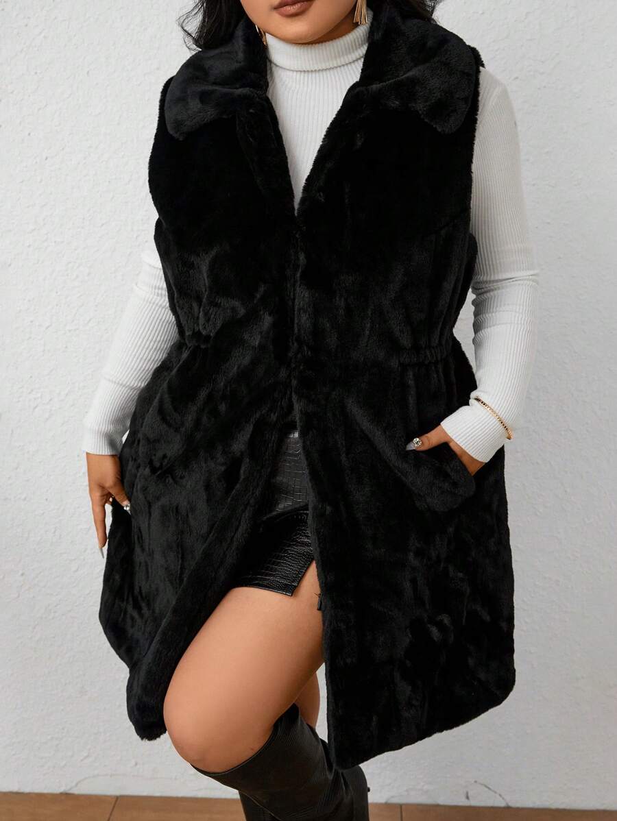 Celure Plus Size Women Solid Color Sleeveless Pocket Faux Fur Vest Jacket - Black - View 1