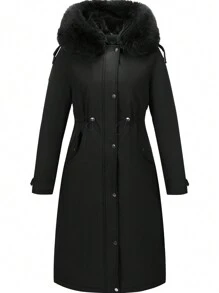 Risissida Women's Long Coat For Autumn/Winter - Faux Fur Collar, Adjustable Waist Belt, Fashionable For Commuting - Black - View 5