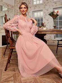 Simplee Ren tương phản Tay áo lồng đèn Váy lưới che phủ - Hồng - Xem 6