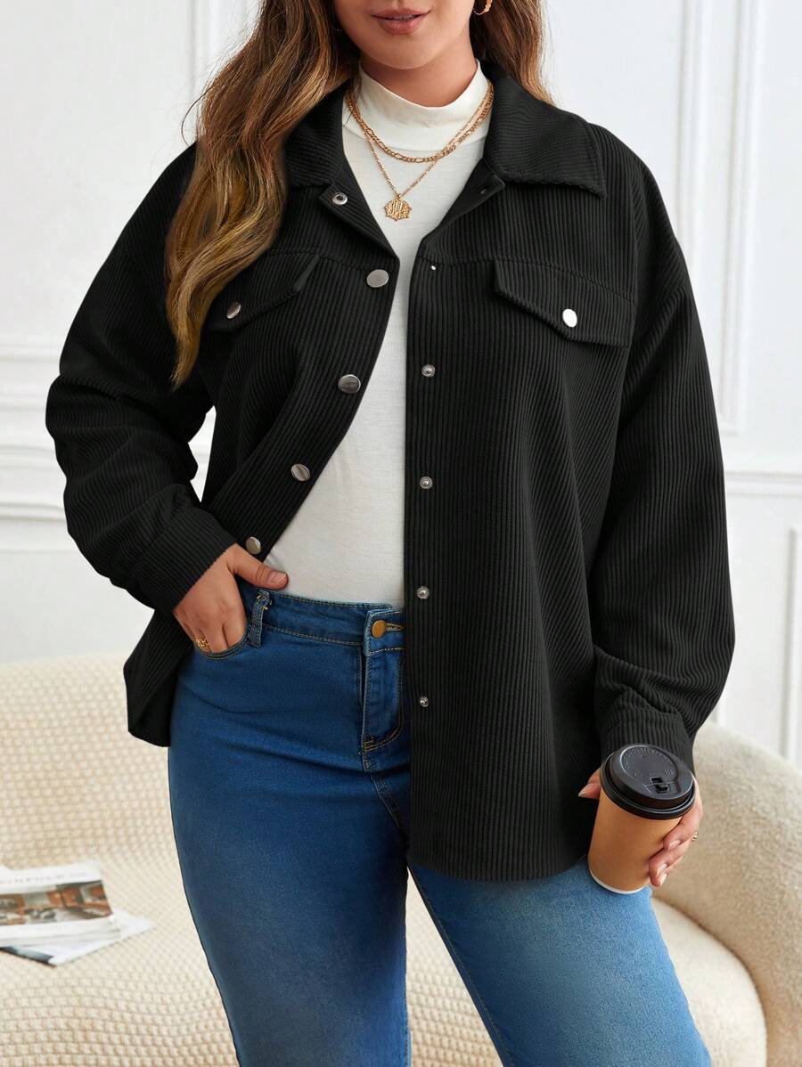 SHEIN Frenchy Plus Barnfit Flap Detail Drop Shoulder Jacket - Black - View 1