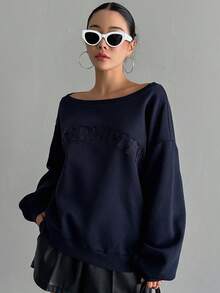 DAZY 字母壓紋落肩袖運動衫 - 藏蓝色 - 查看 3