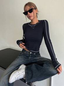 DAZY Top-stitching Ribbed Knit Tee