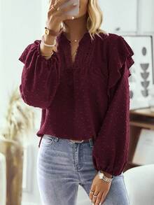 Breezaya Blusa con mangas farol y volantes con estampado de lunares, blusa casual de encaje en contraste con volantes y manga larga con escote entallada, blusa regular de manga abullonada en color burdeos, para uso profesional/de negocios, ropa de primavera/otoño