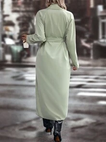 SHEIN LUNE Lapel Neck Slant Pocket Belted Trench Coat - Mint Green - View 2