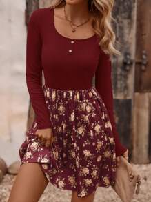SHEIN LUNE 花卉印花湯匙領洋裝 - 酒紅色 - 查看 5