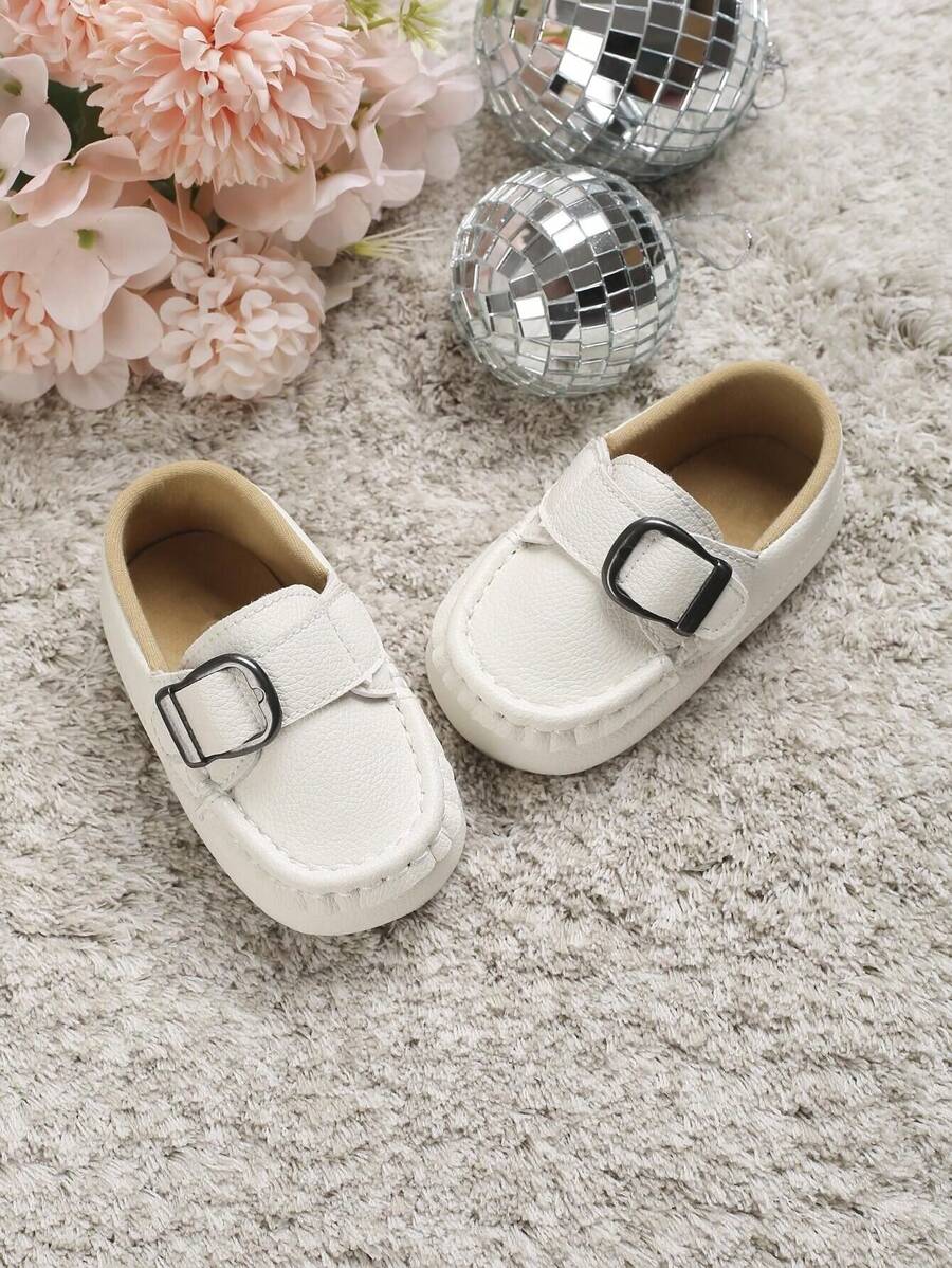 Baby Metal Decor Litchi Embossed Buckle Decor Loafers - White - View 1