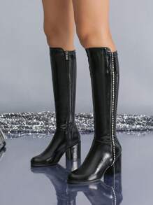 Women's Fashionable Black Rhinestone Decor Chunky Heel High-knee Boots With Side Zipper - Black - View 5
