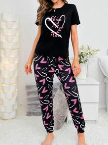 Heart & Slogan Graphic PJ Set / Pajama Set - Black - View 5
