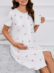 孕婦印花蕾絲邊睡裙