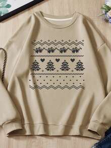 SHEIN EZwear Hơn In Giáng sinh Lót nhiệt Áo nỉ - Màu Khaki - Xem 4