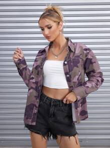 SHEIN ICON 迷彩印花前紐扣牛仔夾克 - 淺灰紫 - 查看 1