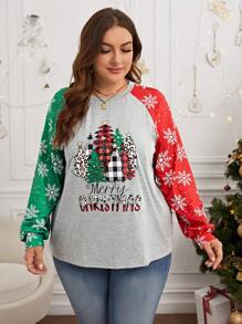 SHEIN LUNE 大碼聖誕圖案插肩袖T恤 - 彩色 - 查看 3