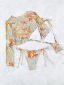 Swim EVENT 夏季海灘人物圖形露肩三角比基尼套裝，包括遮陽衣 - 彩色 - 查看 4