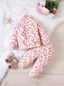 Baby Girl Leopard Print Teddy Jacket & Pants & Cami Top - Multicolor - View 2