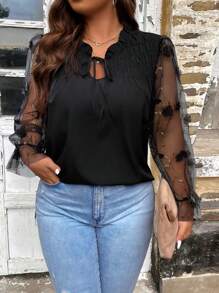 SHEIN Clasi Plus Contrast Mesh Flare Sleeve Tie Neck Blouse - Black - View 1