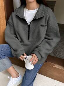 DAZY Thư được vá Một nửa khóa kéo Thả vai Teddy Áo nỉ - Màu xám đen - Xem 1