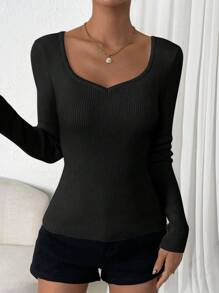 Chiquease Sweetheart Neck Ribbed Knit Sweater,Long Sleeve Tops Knit Pullover Fall Winter Outfit - Black - View 3