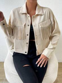 Chiquease Chaqueta corta con hombros caídos y bolsillo con solapa y ribete de flecos - Beis - Ver 5