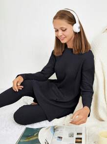 RueChic Teen Girls Solid Split Hem Tee & Leggings - Dark Grey - View 1