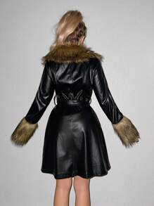 SHEIN Sweetina Fuzzy Collar Belted PU Leather Coat - Black - View 2