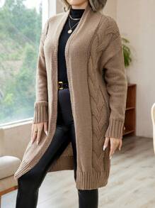 Plus Cable Knit Drop Shoulder Duster Cardigan, For Winter - Camel - View 5