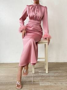 Rafferiza Fuzzy Cuff Ruched Detail Satin Dress Maxi Women Outfit Fall Cloth For Women - Dusty Pink - View 6