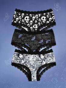 Corpse Bride | ROMWE 3pack Skull Print Contrast Lace Panty Set - Black - View 1
