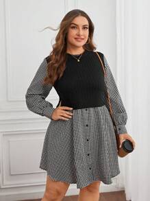 SHEIN LUNE 大碼格子圖案燈籠袖假兩件洋裝 - 黑與白 - 查看 5