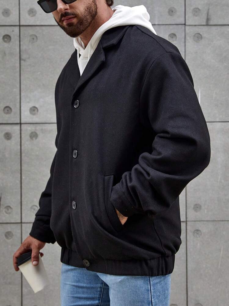 Men 1pc Solid Lapel Neck Button Front Overcoat